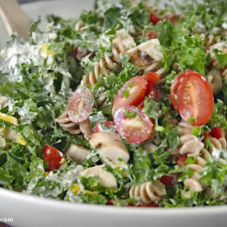 A hearty and healthy chicken and kale pasta salad that's perfect for lunch or dinner.