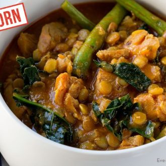 A bowl of a delicious and hearty einkorn Mediterranean chicken stew.