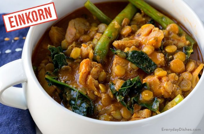 A bowl of a delicious and hearty einkorn Mediterranean chicken stew.