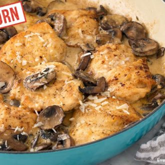 A pan of einkorn mushroom asiago chicken, ready for dinner