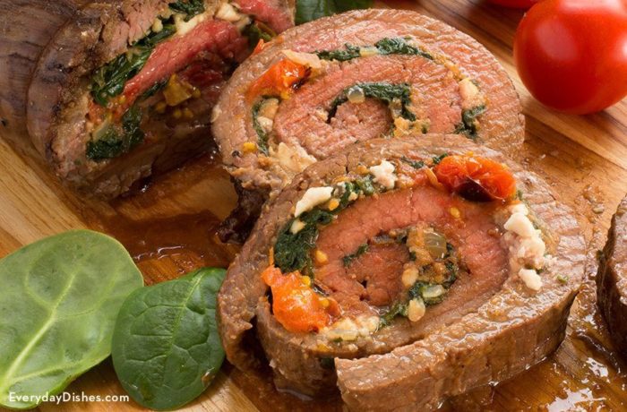 Slices of a delicious stuffed flank steak — the perfect dinner.