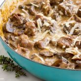 Savory mushroom asiago beef, in a pot and ready to serve