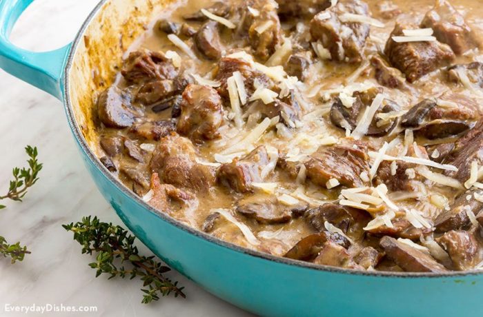 Savory mushroom asiago beef, in a pot and ready to serve