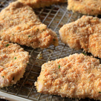 A rack of asiago crusted chicken cutlets, ready to serve