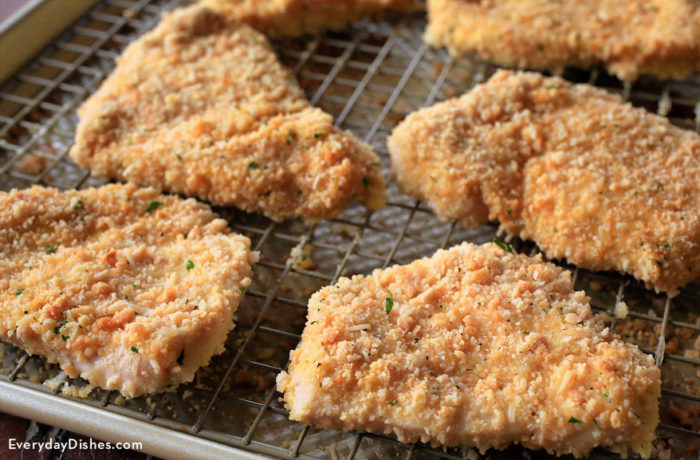 A rack of asiago crusted chicken cutlets, ready to serve