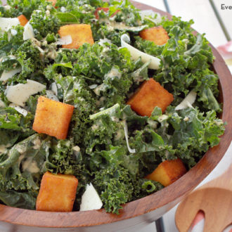 A delicious Caesar salad made with kale.