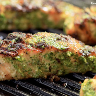Grilled salmon with asiago pesto, ready to serve for dinner.