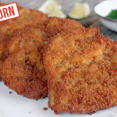 Einkorn breaded chicken cutlets that are ready to serve for dinner.