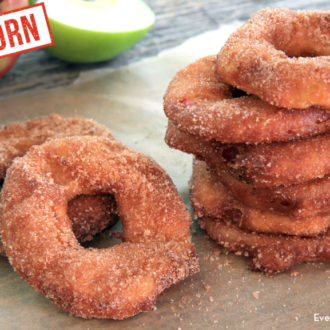 Delicious cinnamon apple rings made with einkorn flour for breakfast, dessert, or an after-school snack.