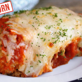 A plate of einkorn quinoa chicken parmesan that's ready for dinner.