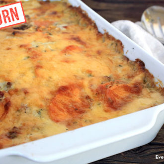 Einkorn sweet potato gratin that's in a dish and ready to be served as a side.