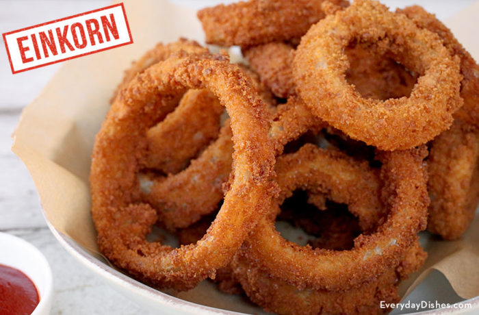 A batch of delicious homemade einkorn onion rings.