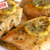 Delicious savory einkorn lemon chicken, ready to serve for dinner.