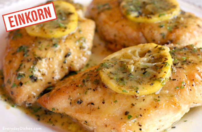 Delicious savory einkorn lemon chicken, ready to serve for dinner.