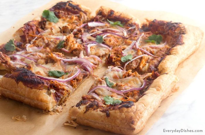 Homemade bbq chicken puff pastry pizza.