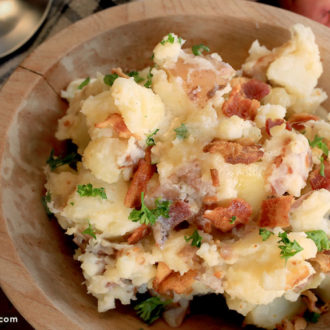 A bowl of delicious smashed red potatoes, a great side dish.