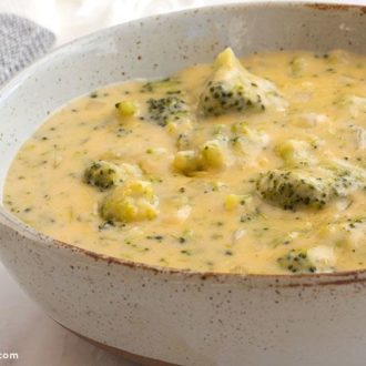 A delicious bowl of broccoli cheese soup.