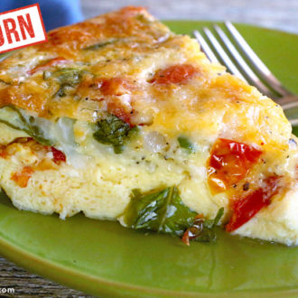 A slice of a tomato basil frittata that was made with einkorn wheat.