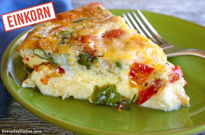 A slice of a tomato basil frittata that was made with einkorn wheat.