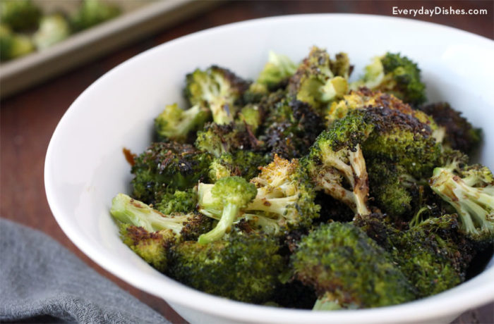 A bowl of delicious roasted balsamic broccoli — a great side dish.