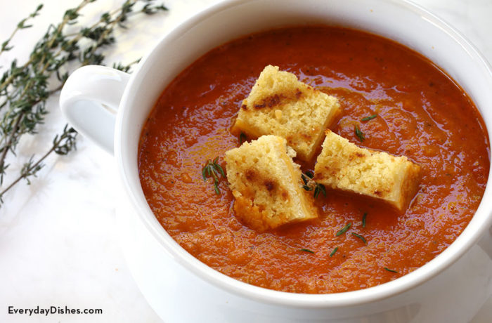 A bowl of a delicious dairy-free roasted tomato soup.