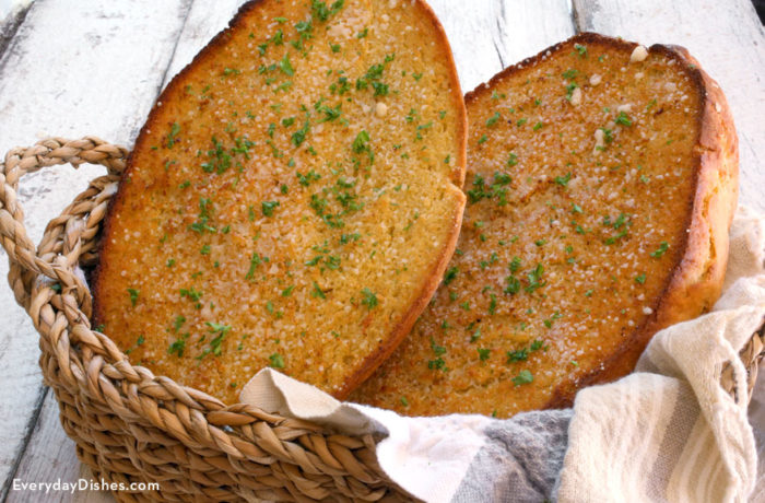 Homemade garlic bread in a basket.