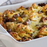 A freshly made overnight sausage and egg casserole