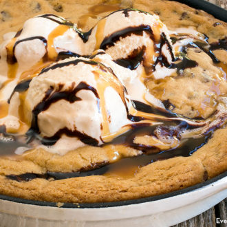 A delicious chocolate chip skillet cookie, freshly made and ready to enjoy.