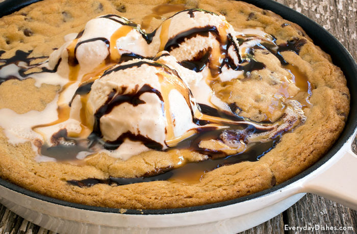 A delicious chocolate chip skillet cookie, freshly made and ready to enjoy.