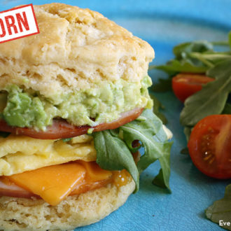 A breakfast sandwich with a biscuit made of einkorn wheat.