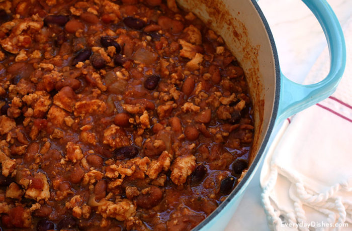 A pot full of homemade chicken chili.