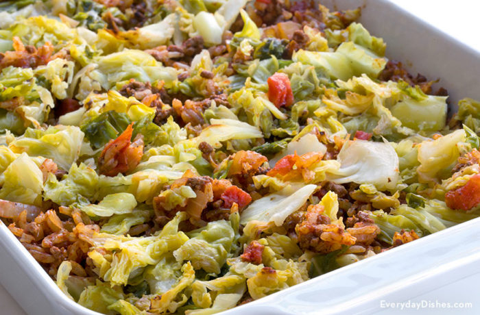 A dish full of a delicious stuffed cabbage casserole.
