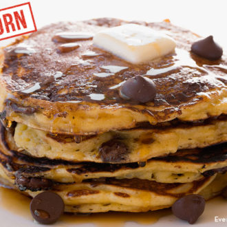 A stack of delicious chocolate chip pancakes that were made with einkorn wheat.