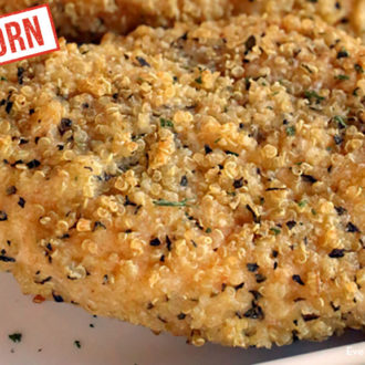 A freshly made einkorn quinoa-crusted baked chicken, the perfect dinner.