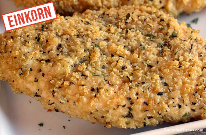 A freshly made einkorn quinoa-crusted baked chicken, the perfect dinner.