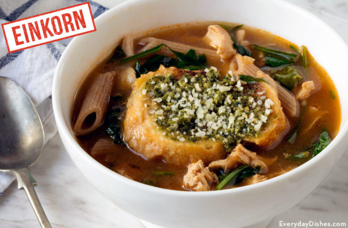 Spinach chicken soup with einkorn pasta recipe