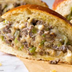A delicious homemade steak and cheese stuffed French bread.