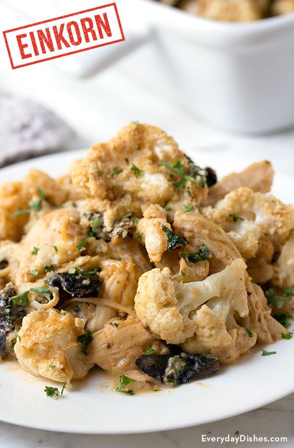 Einkorn Asiago chicken with spinach and cauliflower recipe