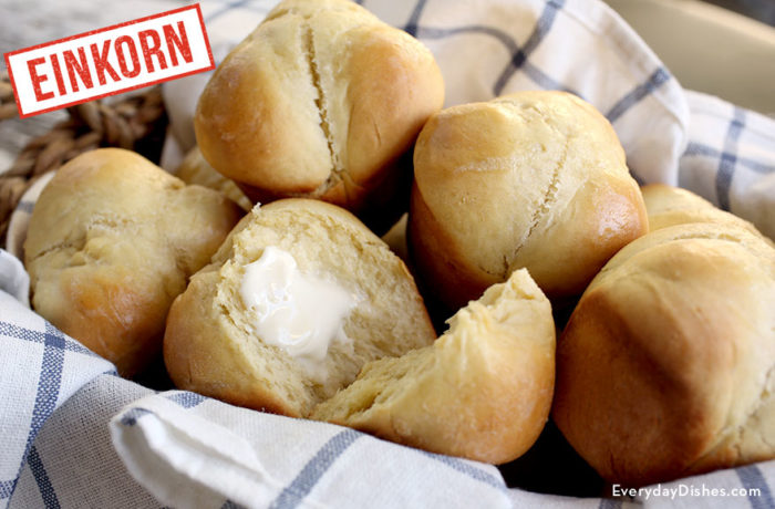 A basket full of freshly made einkorn clover yeast rolls.