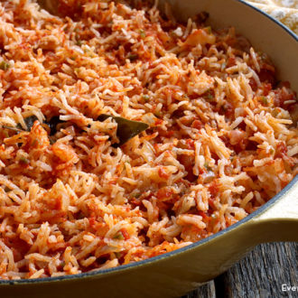 A pan of delicious easy Spanish rice.