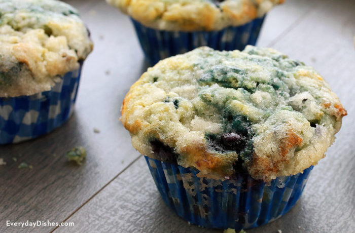 Some freshly baked, moist blueberry muffins.