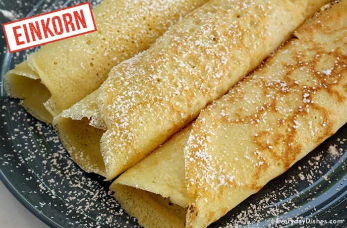 Three dairy-free coconut crepes that were made with einkorn wheat.