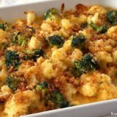 A dish of cheesy broccoli and cauliflower, a great side dish.