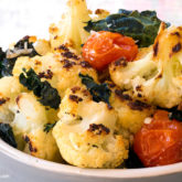 A pot of roasted cauliflower and kale, a great side dish.