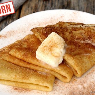A plate of cinnamon crepes made with einkorn wheat.
