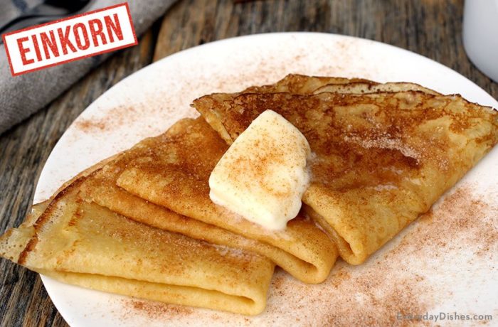 A plate of cinnamon crepes made with einkorn wheat.