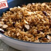 A skillet full of oatmeal and einkorn wheat berry breakfast