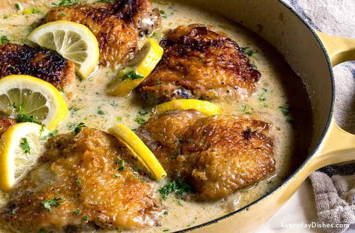 A delicious creamy lemon chicken, cooked in one pan and ready for dinner.