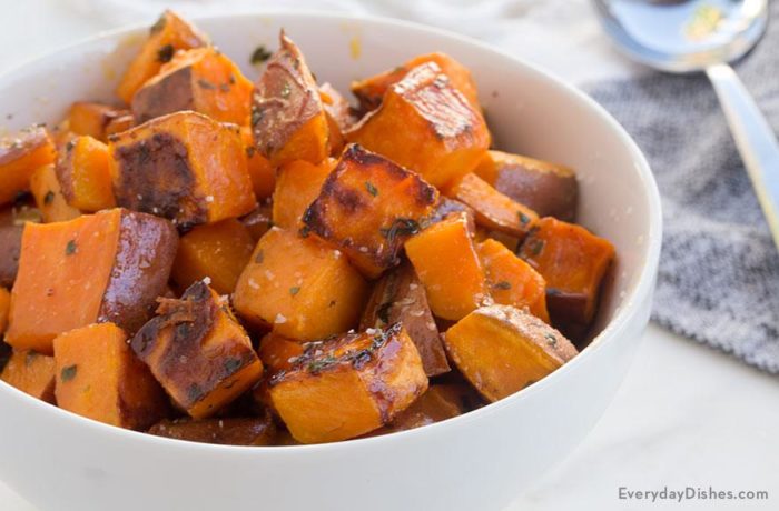 A bowl of delicious maple glazed butternut squash.