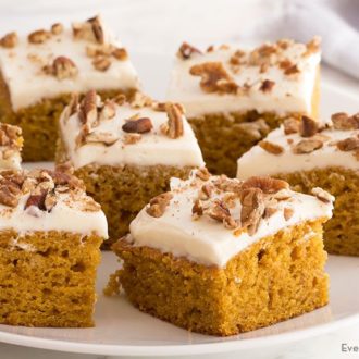Homemade pumpkin bars, sliced up into servings